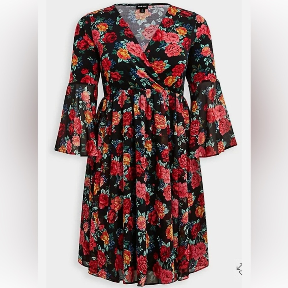 Torrid Red and Black Wrap Sundress with Bell Sleeves